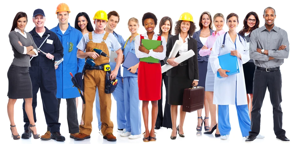 Groupe diversifié de professionnels alignés sur fond blanc, représentant différents secteurs d'activité