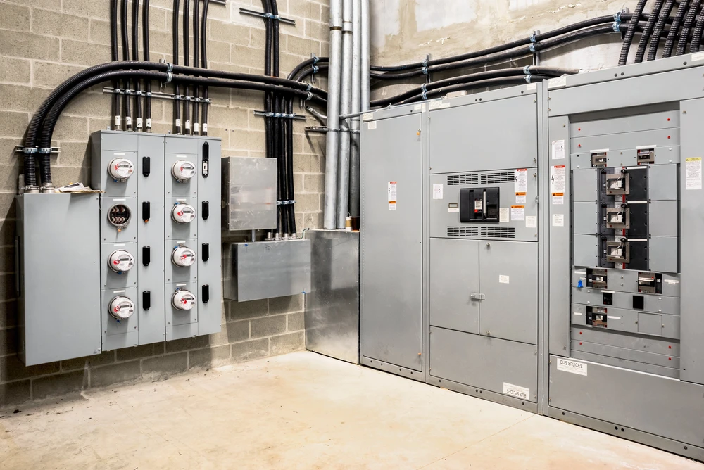 Local technique électrique moderne avec tableaux de distribution gris métalliques, compteurs électriques circulaires à cadrans rouges montés sur panneaux muraux