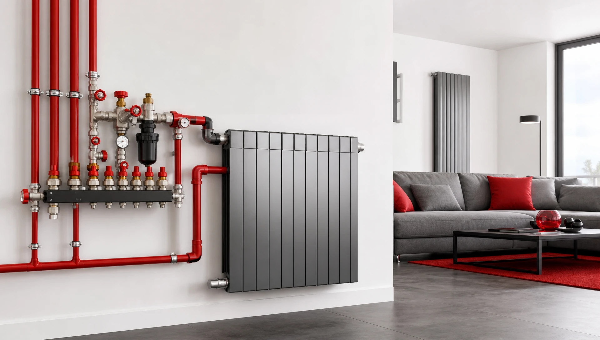 Salle technique intérieure avec installation de chauffage professionnel