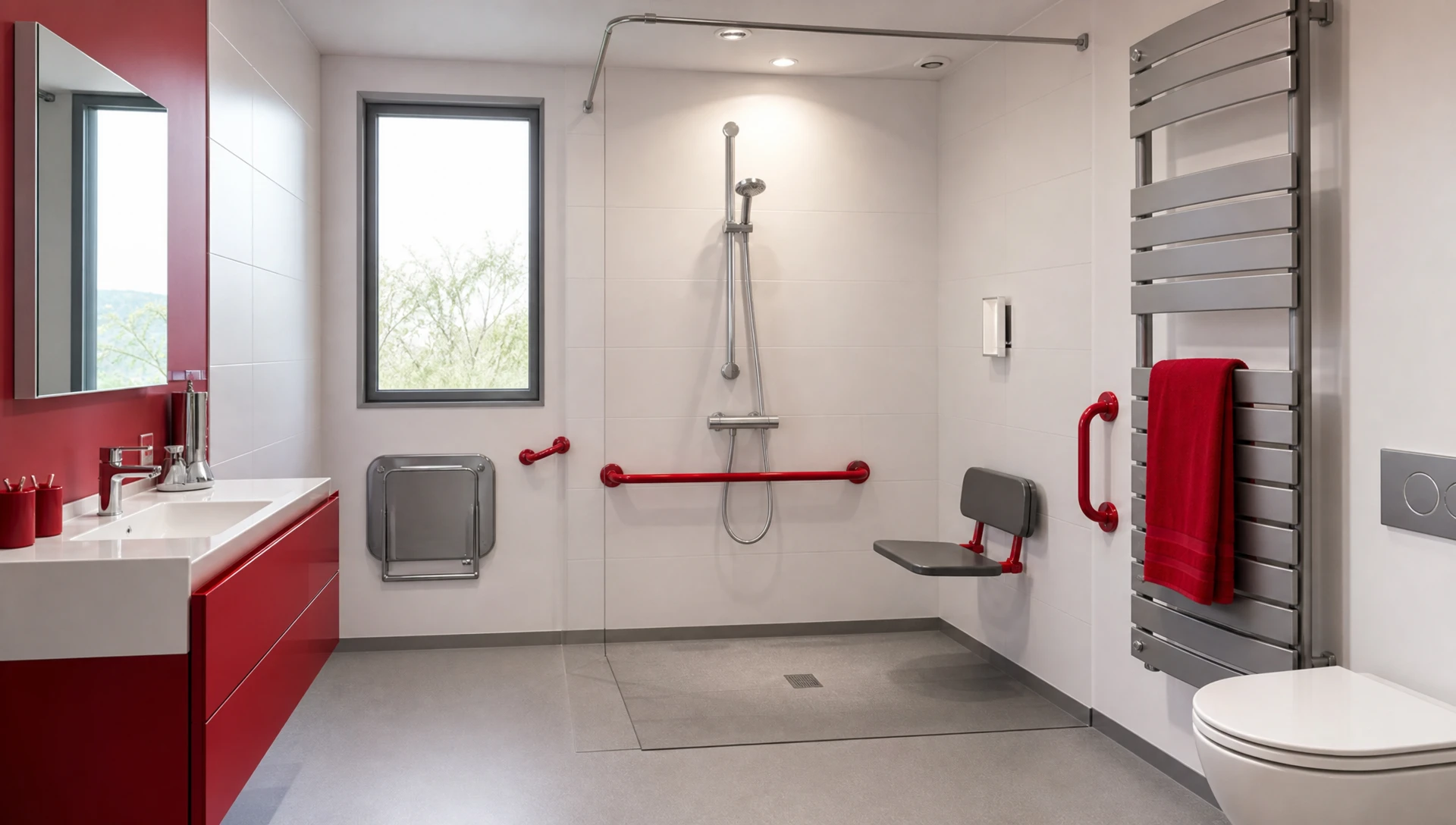 Salle de bain adaptée avec lavabo suspendu blanc équipé de barres d'appui en acier inoxydable