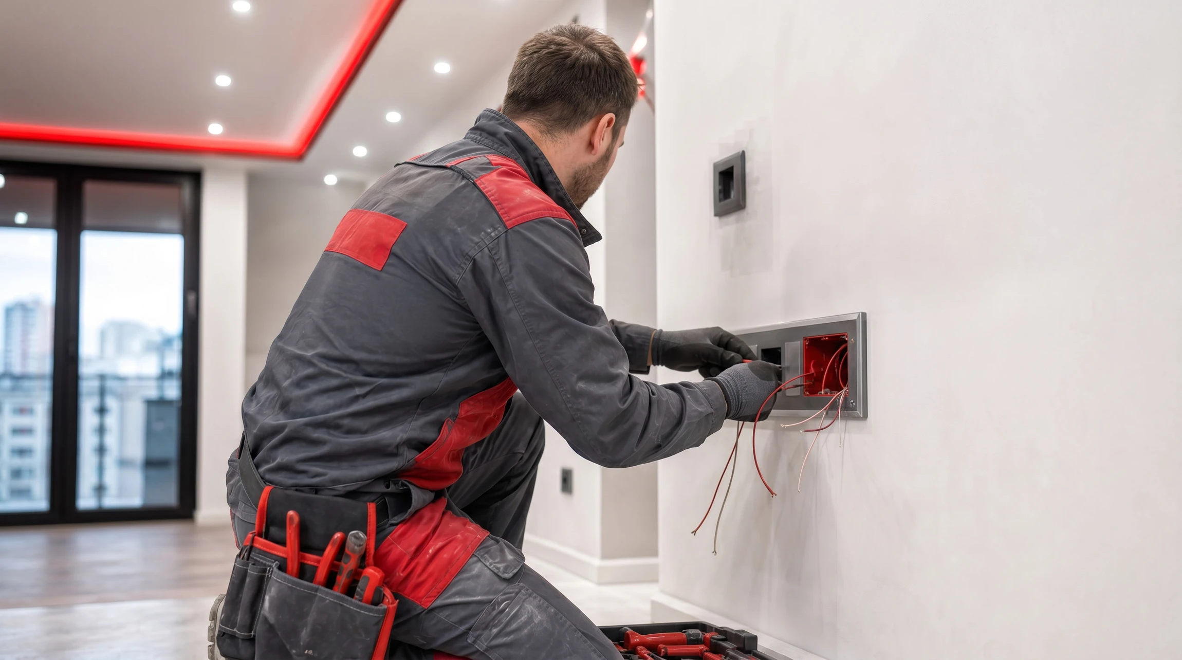Un électricien installe une prise électrique murale dans un intérieur résidentiel