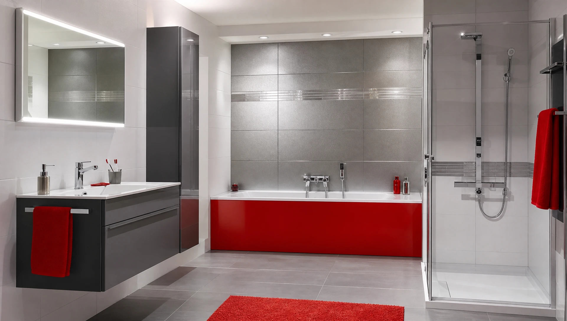 Salle de bain moderne avec vasque à poser blanche sur plan de travail en bois clair, miroir rond avec cadre doré, mur en carrelage marbre blanc veiné