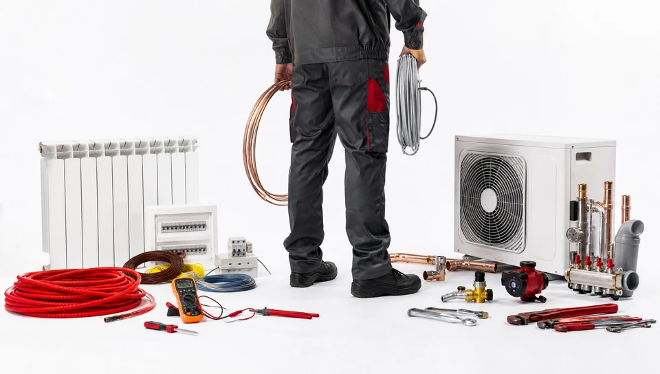 Photographie réaliste d'une équipe de trois artisans professionnels travaillant ensemble sur un chantier de rénovation résidentielle. Un électricien avec ses outils, un plombier avec ses équipements, et un technicien chauffage tous occupés à leurs tâches respectives dans une même pièce ou zone de chantier, montrant clairement la collaboration et la coordination multi-métiers. L'image doit transmettre professionnalisme, organisation et efficacité de travail en équipe.